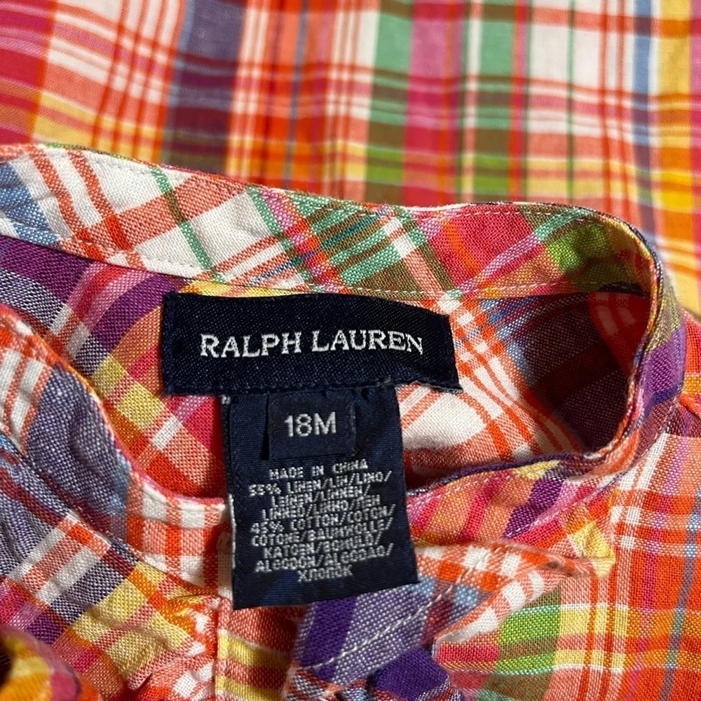 Ralph Lauren Ruffle Plaid Short Sleeve Linen Cotton Blend Dress